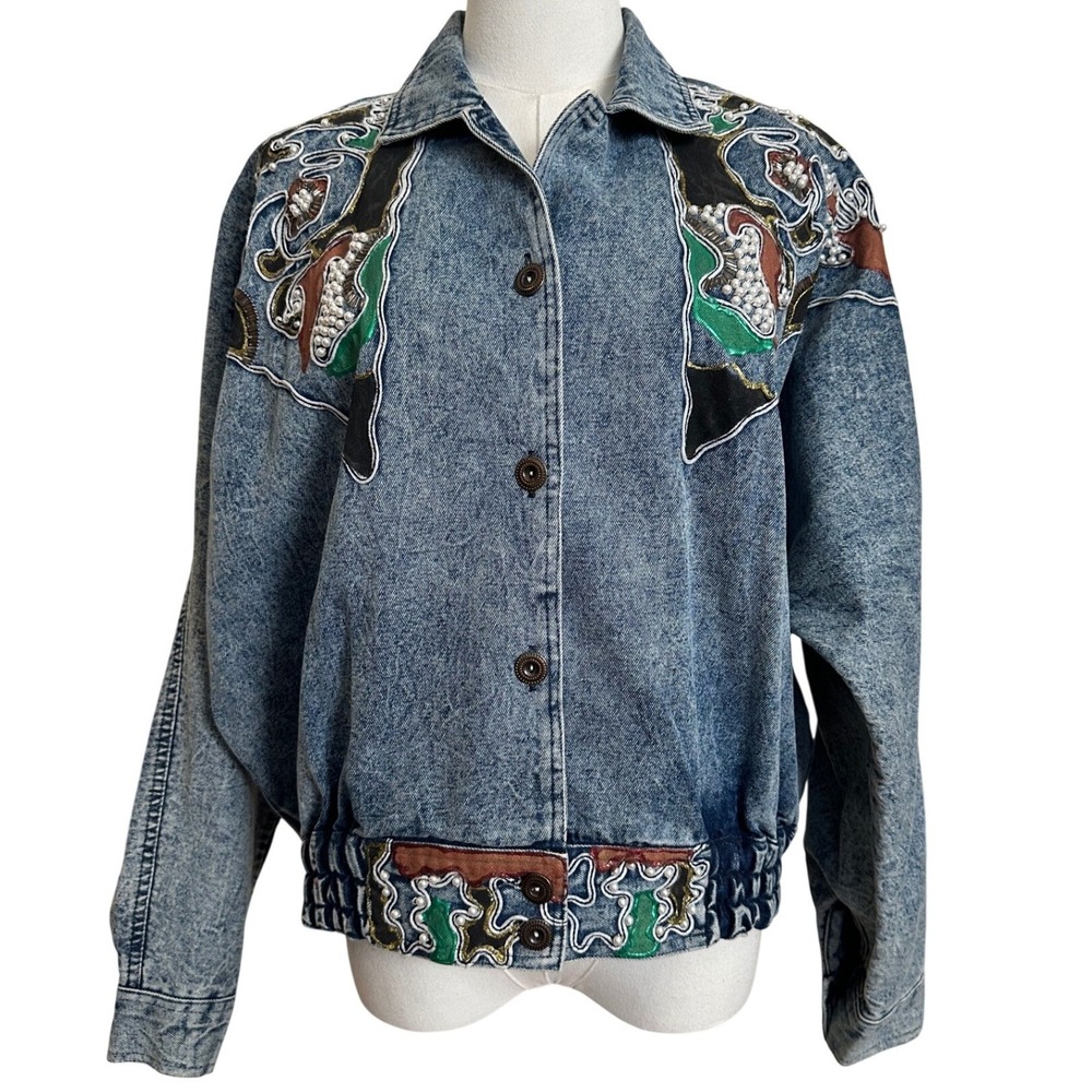 Vintage Nancy Turner Beaded Pearl Soutache Denim‎ Jacket Medium 80s Maximalist